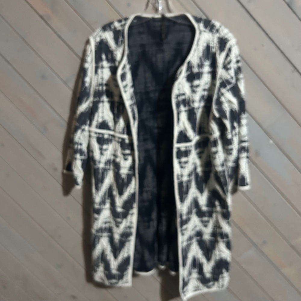 IC by Donnkenny M Navy White Patterned‎ Open Front Duster Jacket Coat USA Made